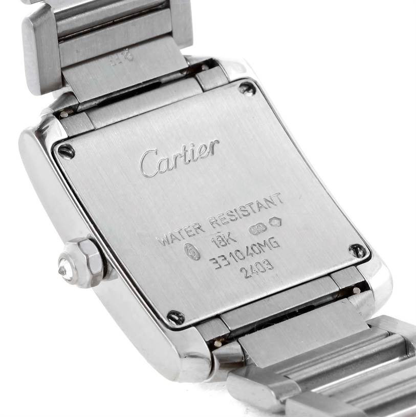 This is a rear view of the back case and part of the bracelet of a Cartier Tank Française watch, displaying the brand engraving and model details.