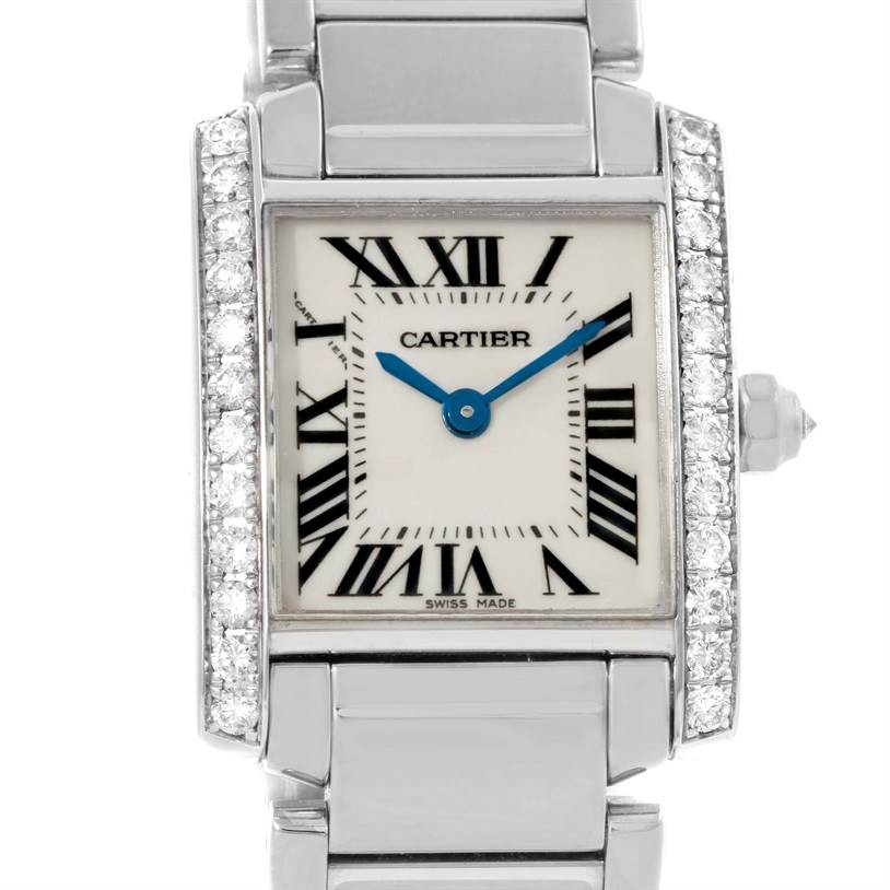 This image shows a front view of the Cartier Tank Francaise WE1002S3 Women's White Gold Silver Dial WE1002S3 Women's White Gold Silver Dial watch, highlighting its dial, Roman numerals, and diamond-set bezel.