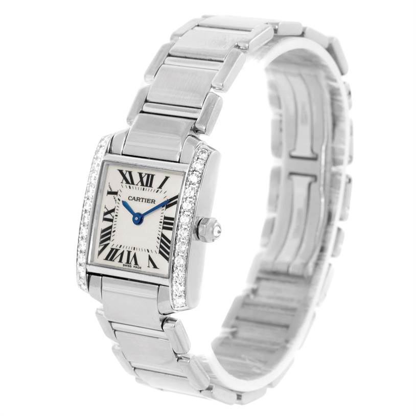 The Cartier Tank Francaise WE1002S3 Women's White Gold Silver Dial WE1002S3 Women's White Gold Silver Dial watch is shown at a three-quarter angle, featuring its face, bezel, and metal bracelet.