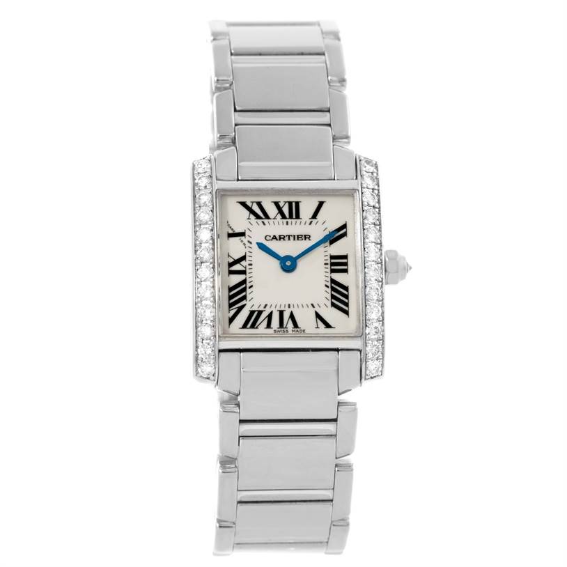 The image shows a frontal view of a Cartier Tank Francaise WE1002S3 Women's White Gold Silver Dial WE1002S3 Women's White Gold Silver Dial watch, displaying its bracelet, dial, and diamond-accented bezel.