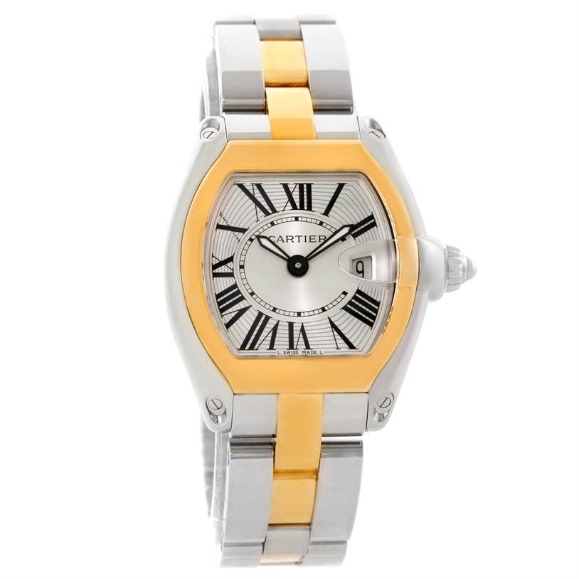 The image shows a Cartier Roadster W62026Y4 Women's Steel and Gold (two tone) Silver Dial W62026Y4 Women's Steel and Gold (two tone) Silver Dial model watch from a front angle, displaying its two-tone band, dial, and crown.