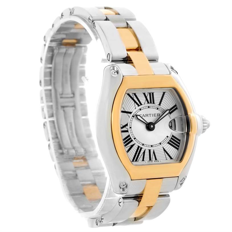 The image shows a Cartier Roadster W62026Y4 Women's Steel and Gold (two tone) Silver Dial W62026Y4 Women's Steel and Gold (two tone) Silver Dial watch angled to display the face, crown, and a portion of the two-tone bracelet.