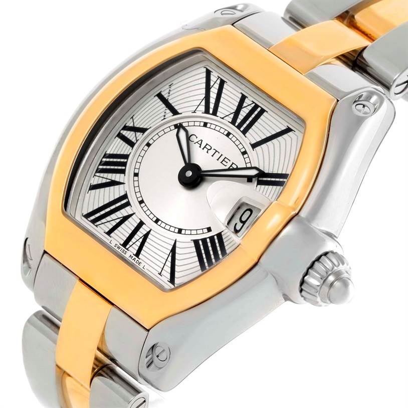 This image showcases a close-up of the face, bezel, and part of the bracelet of the Cartier Roadster W62026Y4 Women's Steel and Gold (two tone) Silver Dial W62026Y4 Women's Steel and Gold (two tone) Silver Dial watch.