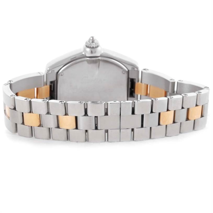 The image shows the back view of a Cartier Roadster W62026Y4 Women's Steel and Gold (two tone) Silver Dial W62026Y4 Women's Steel and Gold (two tone) Silver Dial watch, highlighting the stainless steel and gold bracelet.