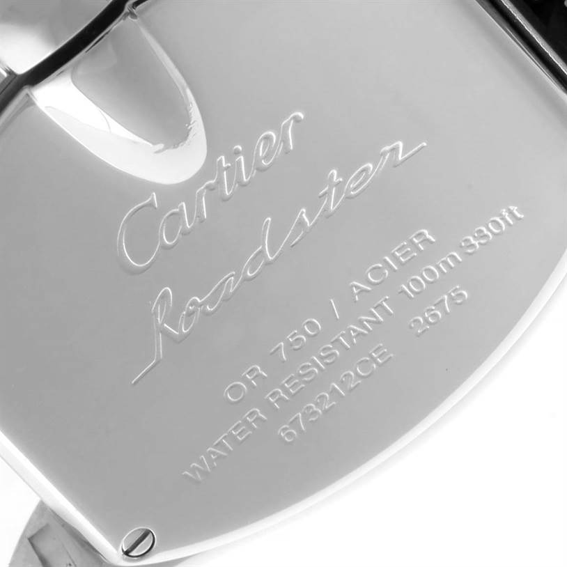 The image shows the back case of the Cartier Roadster W62026Y4 Women's Steel and Gold (two tone) Silver Dial W62026Y4 Women's Steel and Gold (two tone) Silver Dial watch, displaying its engravings.
