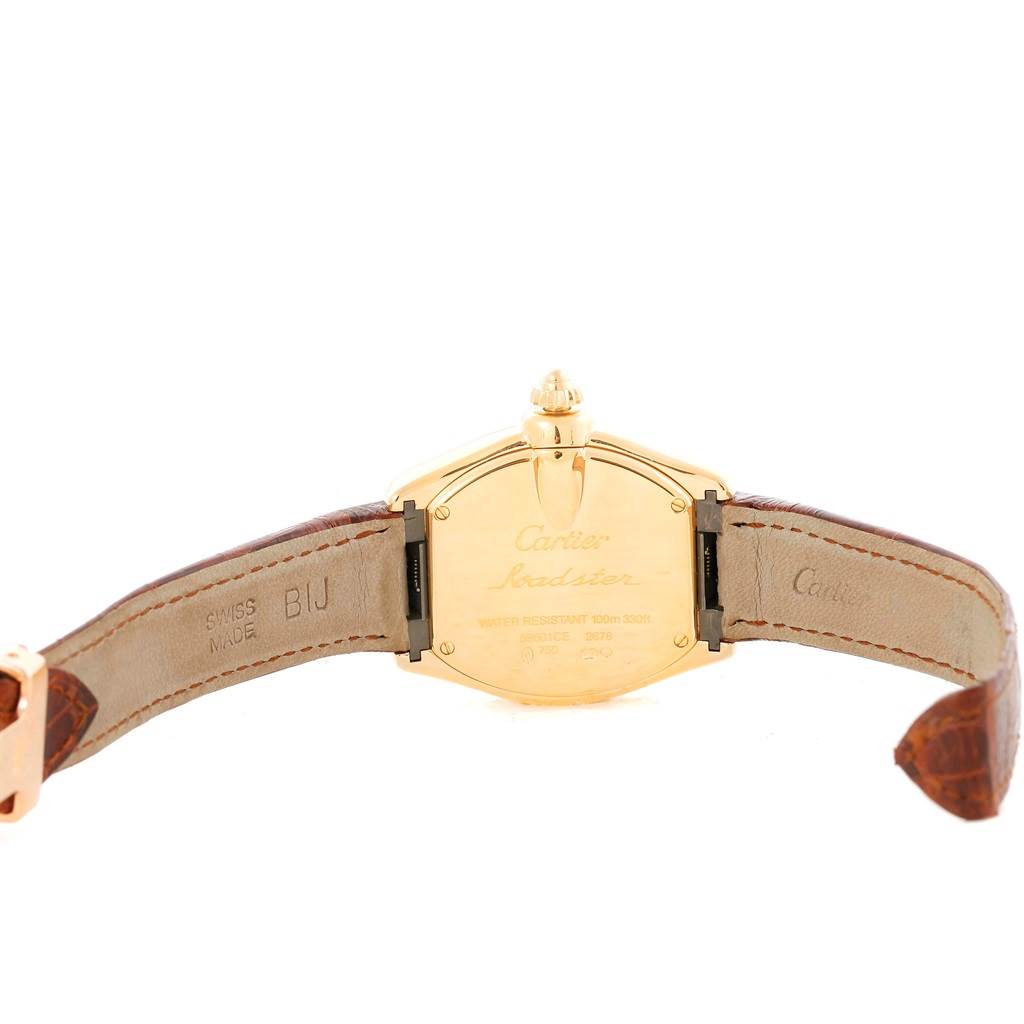 This image shows the back view of a Cartier Roadster W62018Y5 Women's Yellow Gold Silver Dial W62018Y5 Women's Yellow Gold Silver Dial watch with its strap extended.