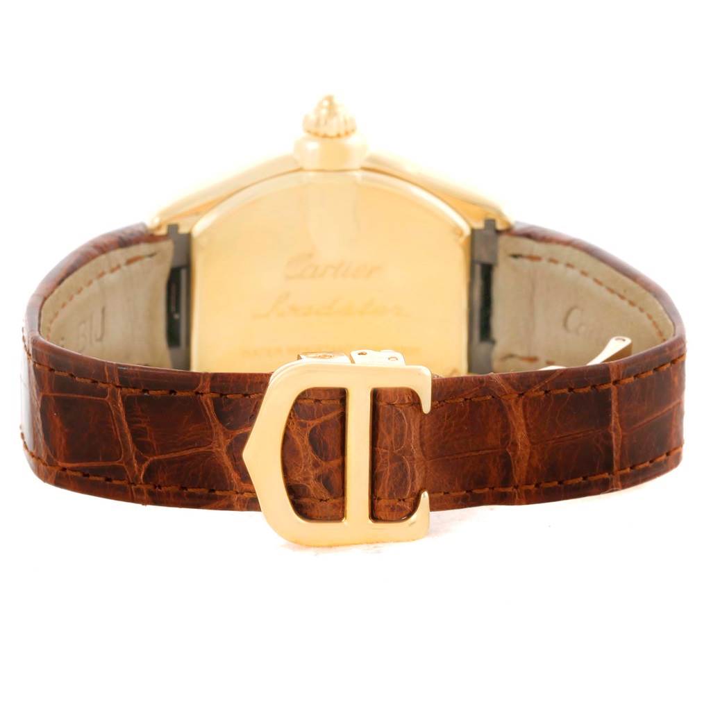 This image shows the back case and leather strap with clasp of the Cartier Roadster W62018Y5 Women's Yellow Gold Silver Dial W62018Y5 Women's Yellow Gold Silver Dial watch at a rear angle.