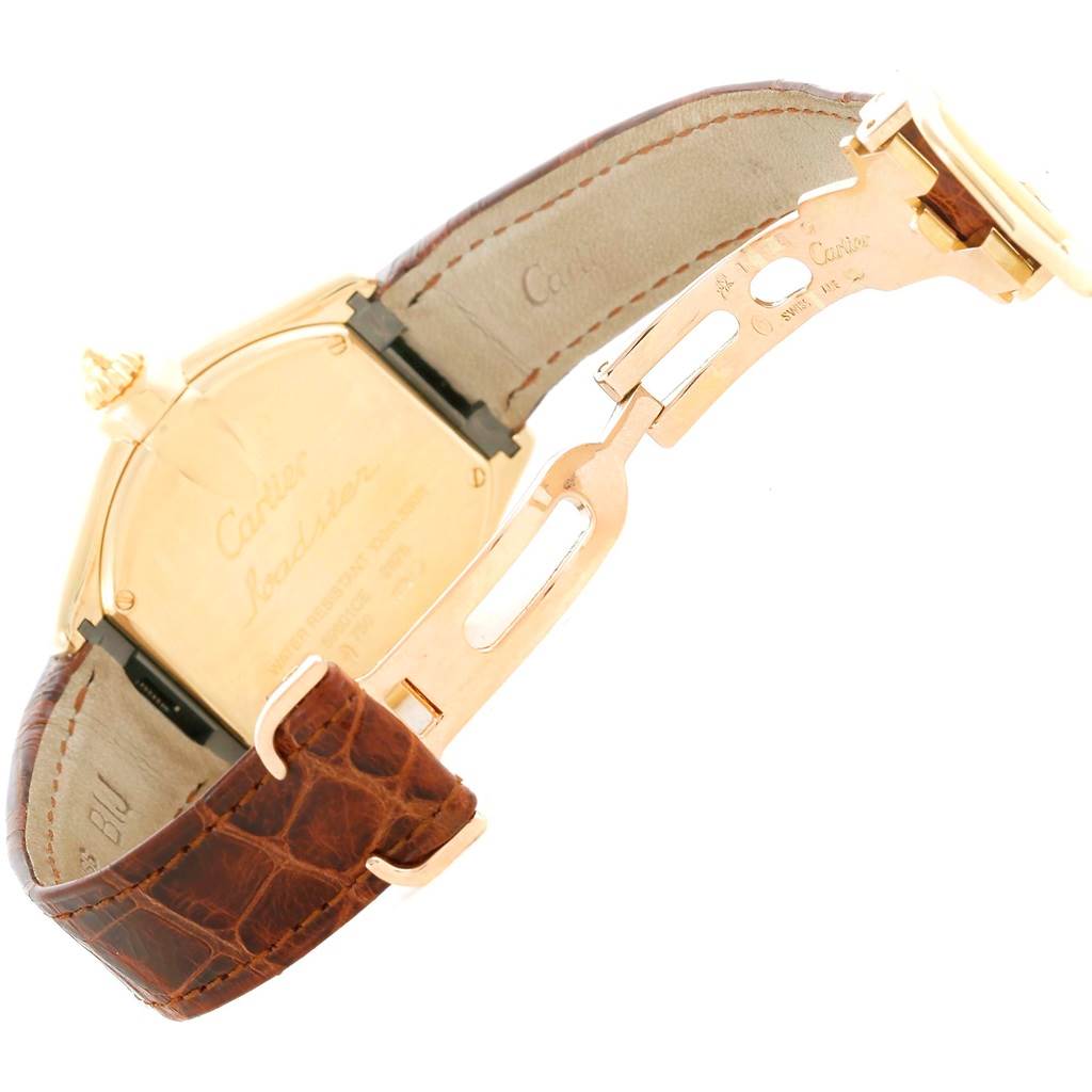 The image shows the back and clasp of the Cartier Roadster W62018Y5 Women's Yellow Gold Silver Dial W62018Y5 Women's Yellow Gold Silver Dial watch, highlighting the leather strap and gold-tone deployment buckle.