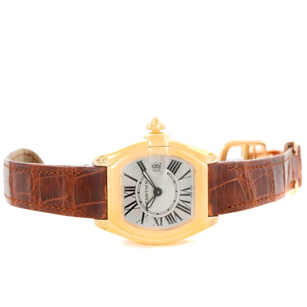 This image shows a frontal view of the Cartier Roadster W62018Y5 Women's Yellow Gold Silver Dial W62018Y5 Women's Yellow Gold Silver Dial watch with its dial, case, leather strap, and buckle visible.