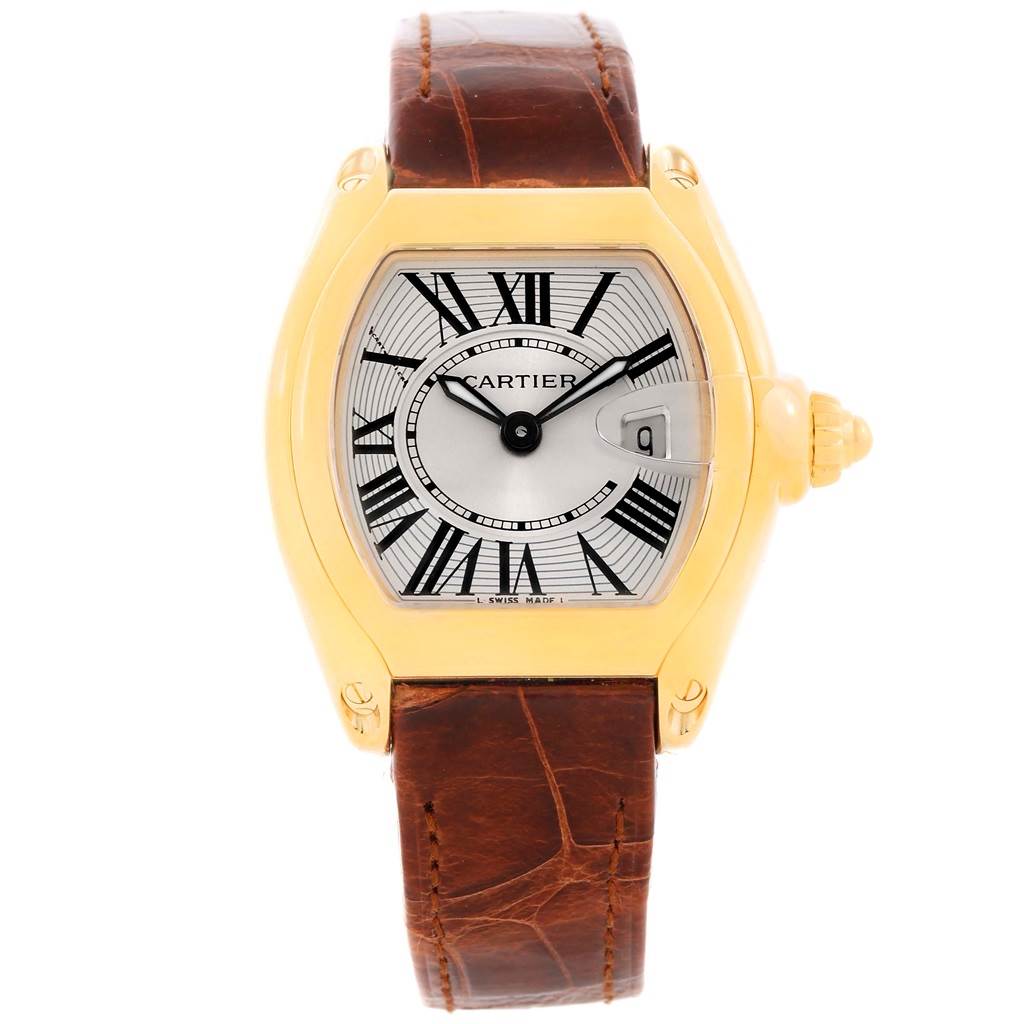 The image shows a full frontal view of a Cartier Roadster W62018Y5 Women's Yellow Gold Silver Dial W62018Y5 Women's Yellow Gold Silver Dial watch with a brown leather strap and a gold case.