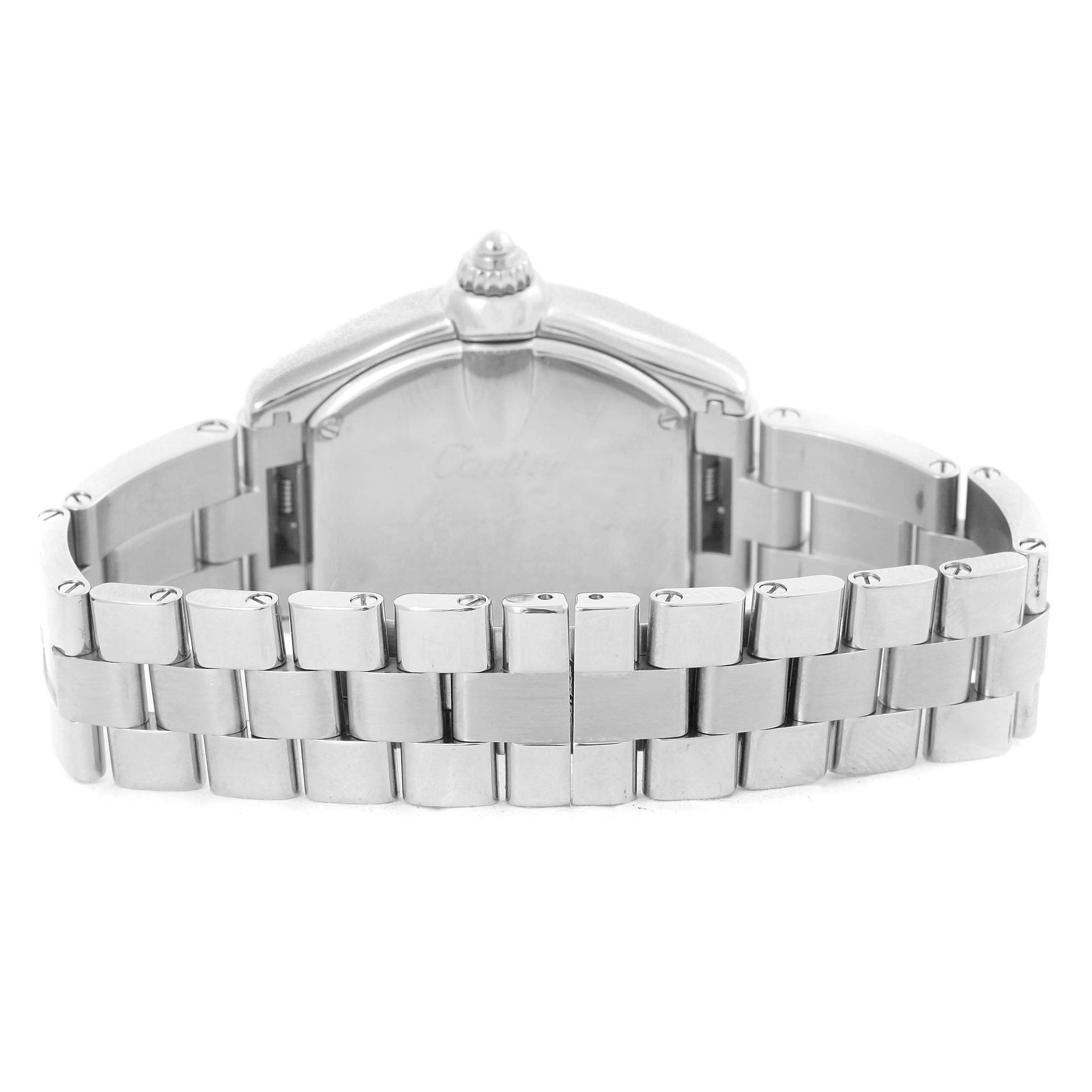 The image shows the back view of the Cartier Roadster W62016V3 Women's Stainless Steel Silver Dial W62016V3 Women's Stainless Steel Silver Dial watch, focusing on its metal bracelet and caseback.