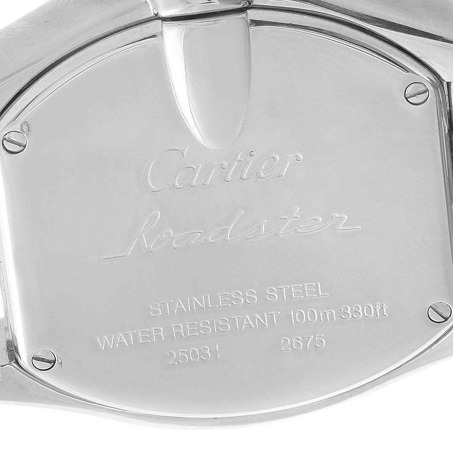 This image shows the back case of a Cartier Roadster W62016V3 Women's Stainless Steel Silver Dial W62016V3 Women's Stainless Steel Silver Dial watch, highlighting its markings and specifications.