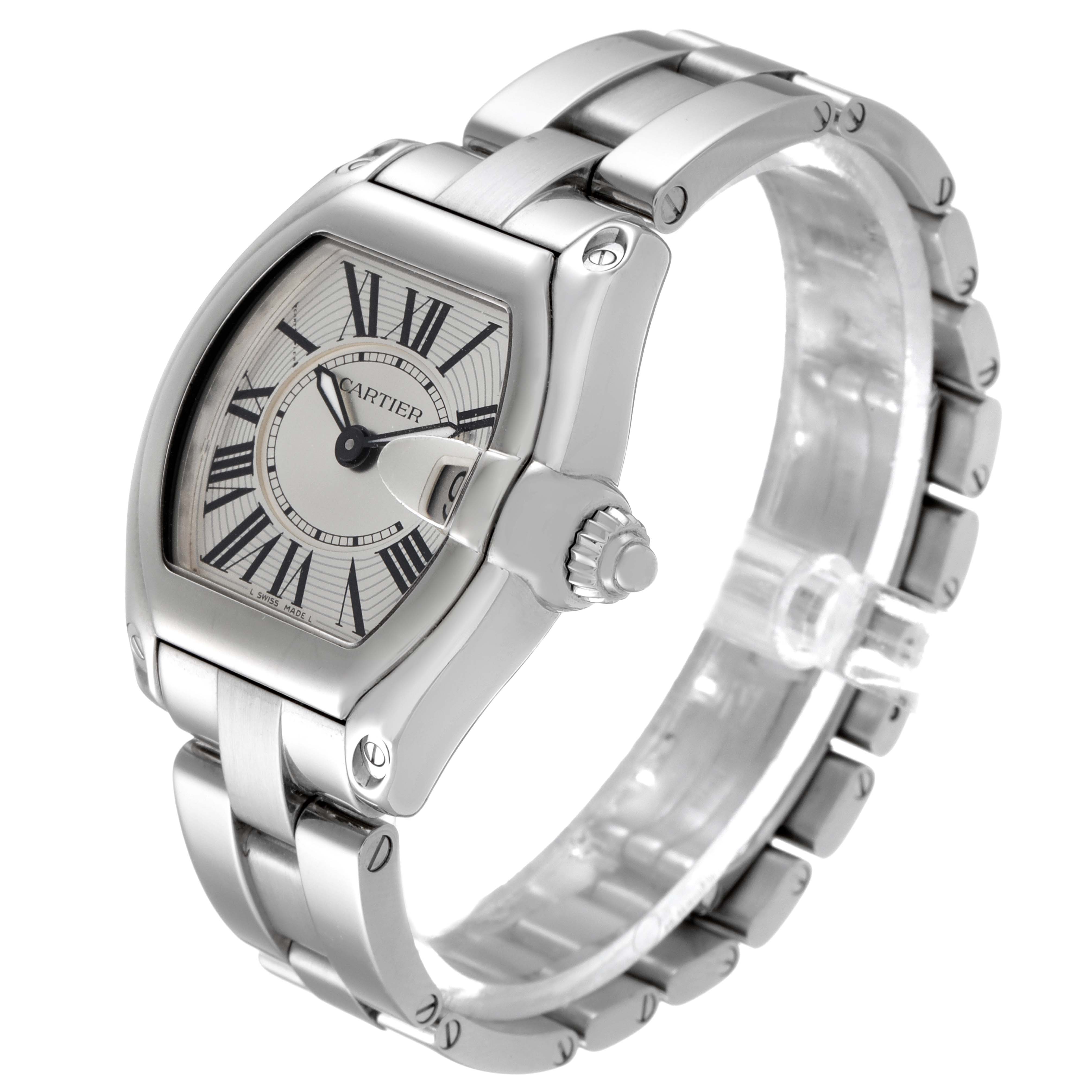 The image shows a Cartier Roadster W62016V3 Women's Stainless Steel Silver Dial W62016V3 Women's Stainless Steel Silver Dial watch angled to display the face, crown, and stainless steel bracelet.