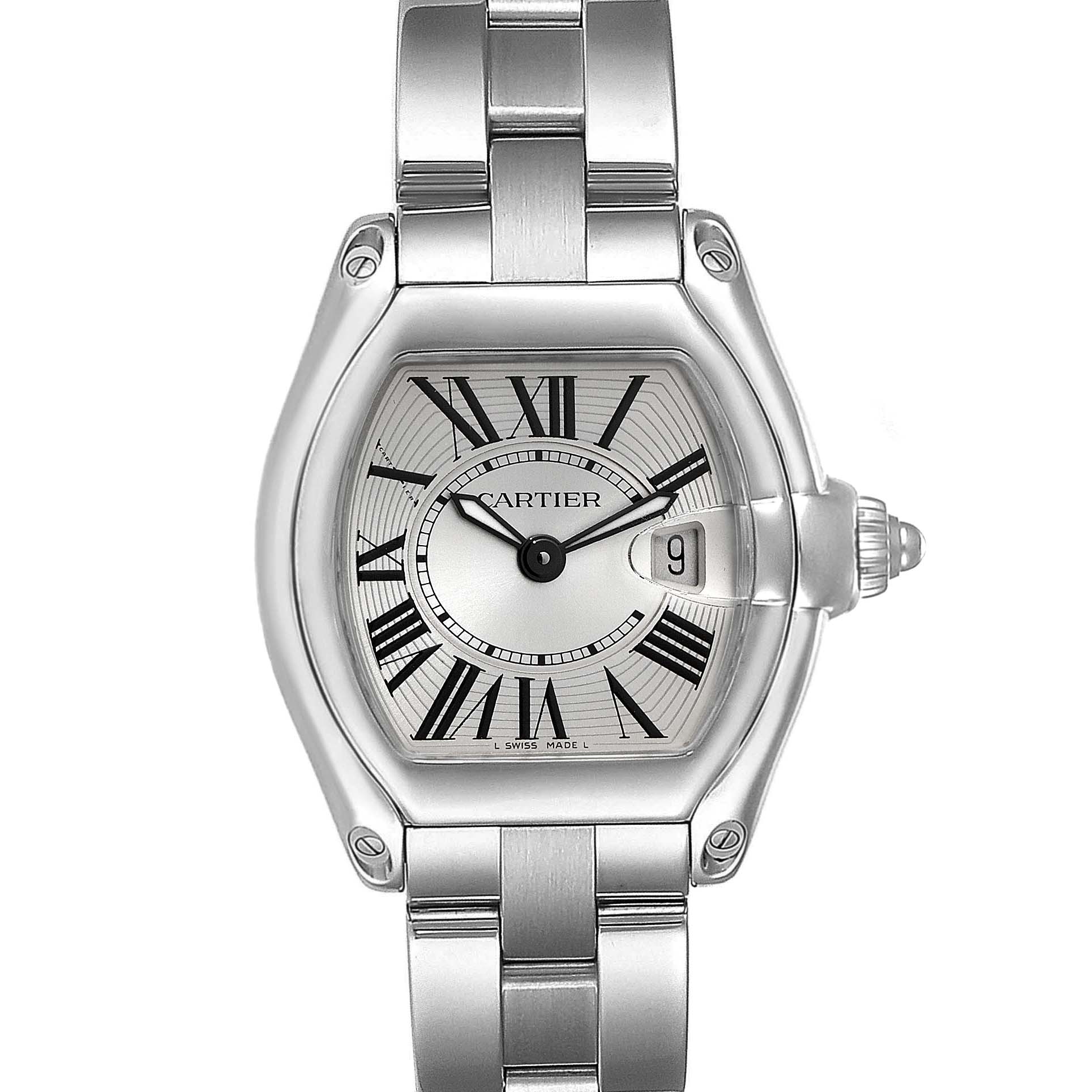 The Cartier Roadster W62016V3 Women's Stainless Steel Silver Dial W62016V3 Women's Stainless Steel Silver Dial watch is shown from a front angle, displaying its face, bracelet, and date indicator.