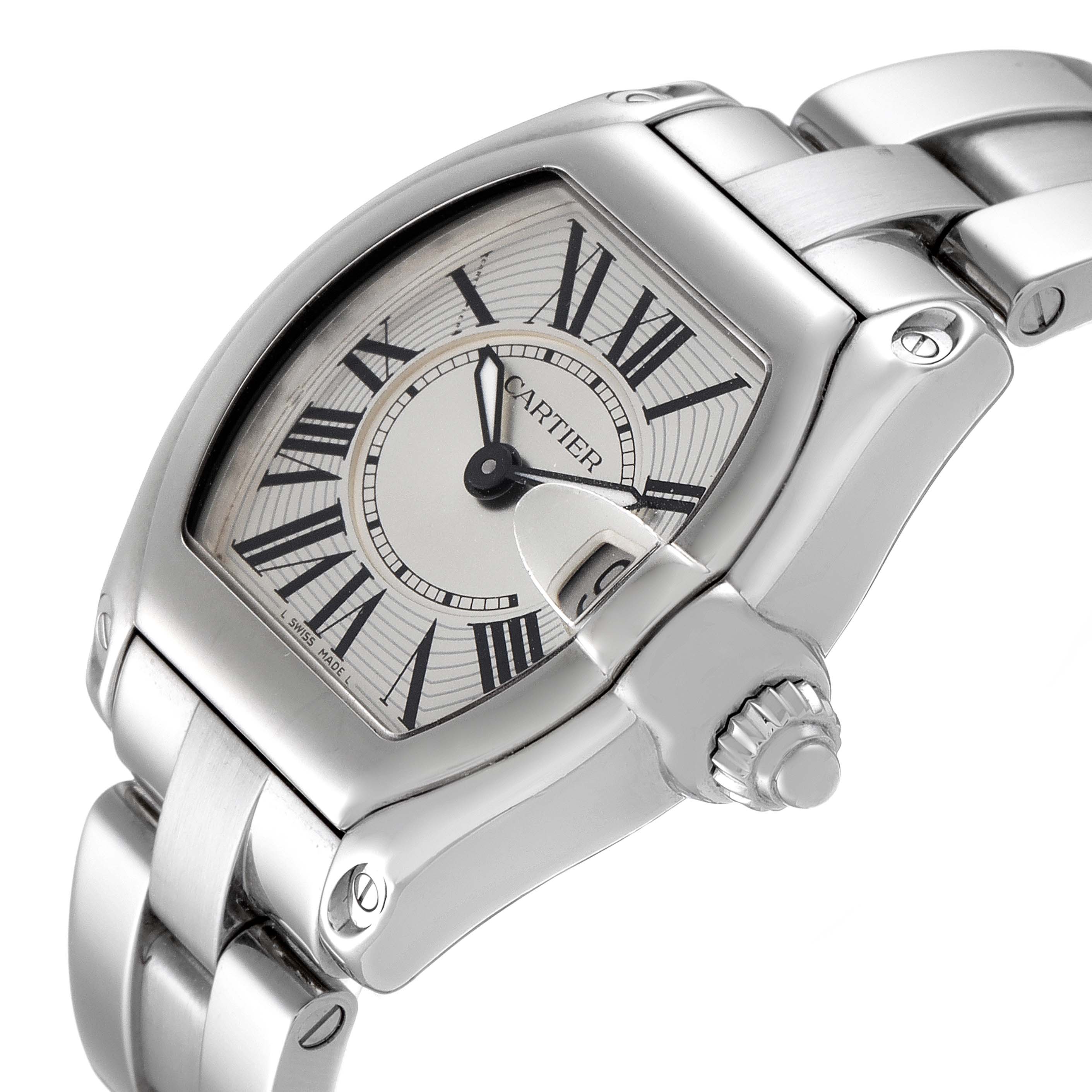 The image shows a close-up front angle of a Cartier Roadster W62016V3 Women's Stainless Steel Silver Dial W62016V3 Women's Stainless Steel Silver Dial watch, highlighting the dial, crown, and part of the bracelet.