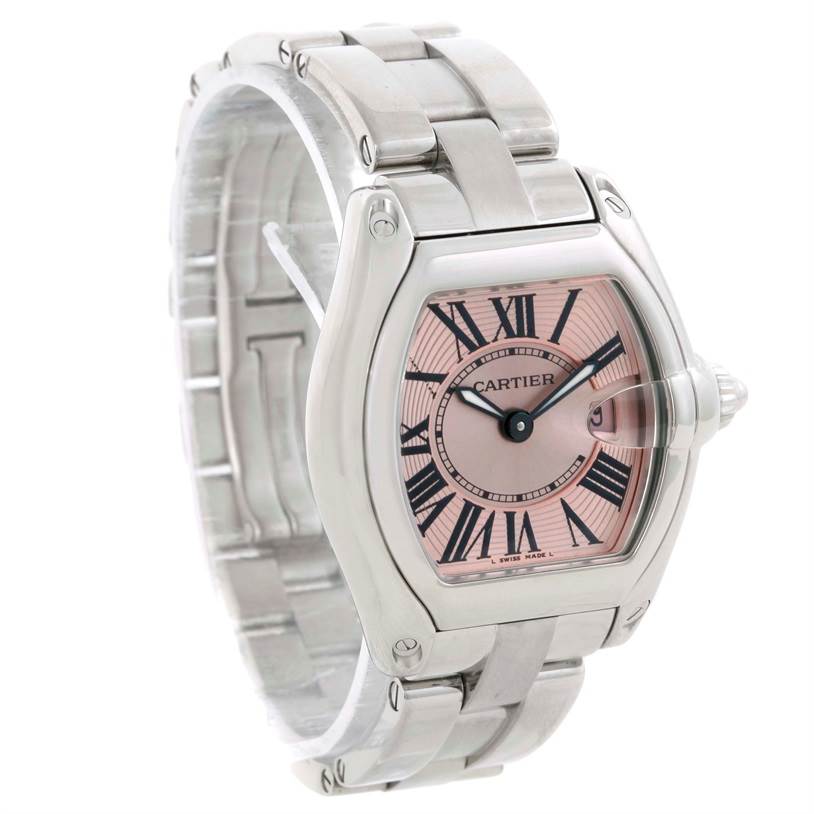The image shows a Cartier Roadster W62017V3 Women's Stainless Steel Pink Dial W62017V3 Women's Stainless Steel Pink Dial watch from an angled view, highlighting the dial, case, and bracelet.