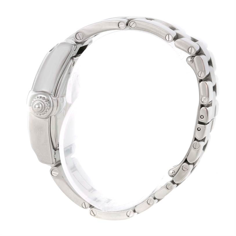 The image shows a side view of the Cartier Roadster W62017V3 Women's Stainless Steel Pink Dial W62017V3 Women's Stainless Steel Pink Dial watch's case and stainless steel bracelet.