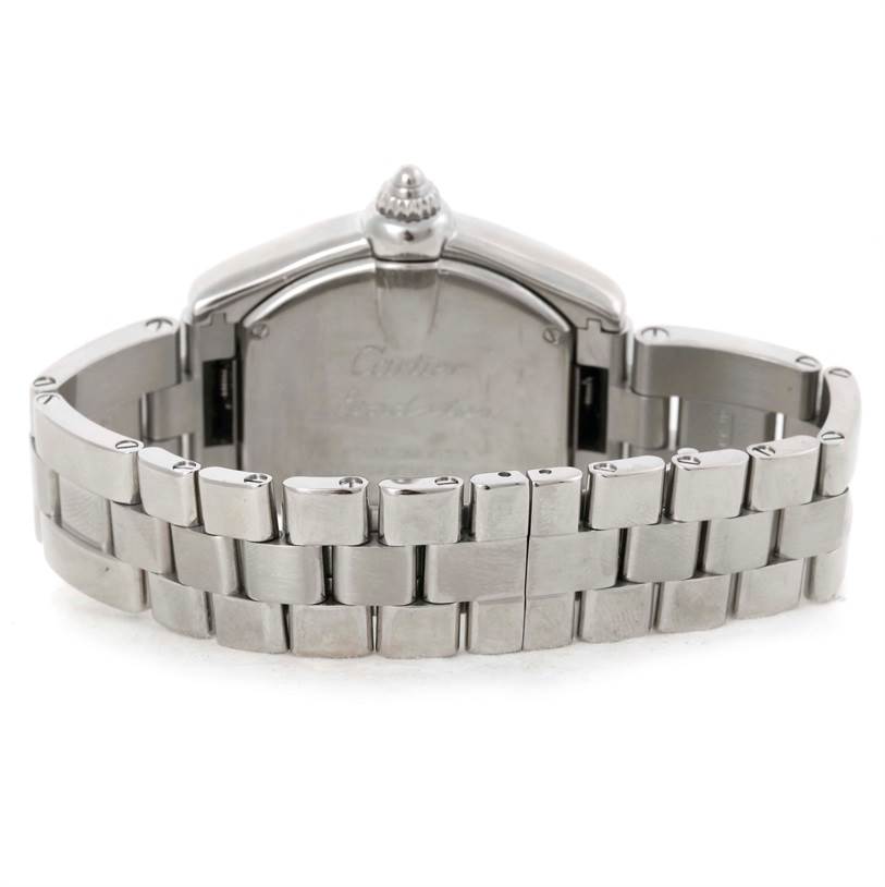 The image shows the back and bracelet of a Cartier Roadster W62017V3 Women's Stainless Steel Pink Dial W62017V3 Women's Stainless Steel Pink Dial watch, viewed from the rear.