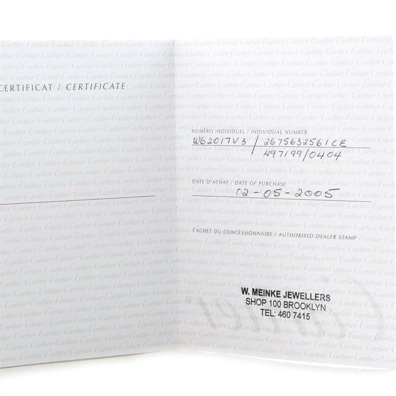 The image shows the certificate of authenticity for the Cartier Roadster W62017V3 Women's Stainless Steel Pink Dial W62017V3 Women's Stainless Steel Pink Dial model, including individual number and purchase date.