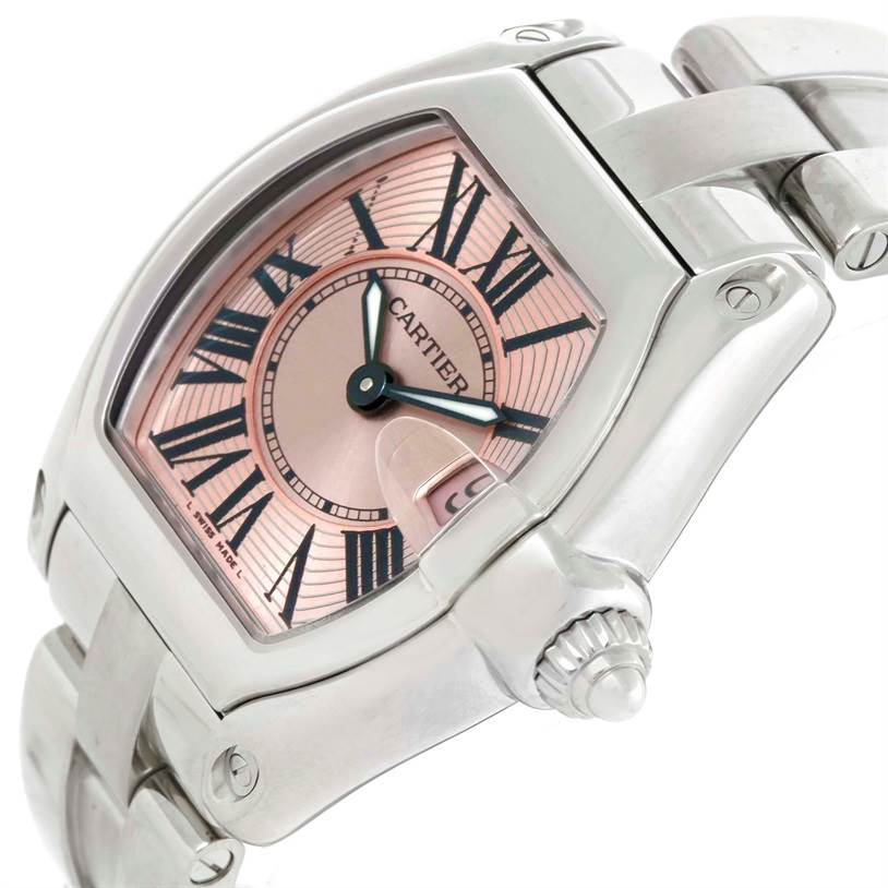 This image shows a close-up of the Cartier Roadster W62017V3 Women's Stainless Steel Pink Dial W62017V3 Women's Stainless Steel Pink Dial watch, highlighting the dial, case, and part of the bracelet.