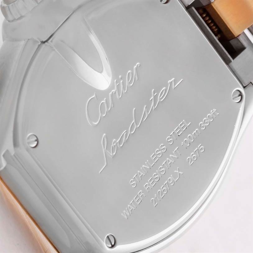 The image shows the back casing of a Cartier Roadster W62026Y4 Women's Steel and Gold (two tone) Silver Dial W62026Y4 Women's Steel and Gold (two tone) Silver Dial watch, highlighting engravings and part of the strap attachment.