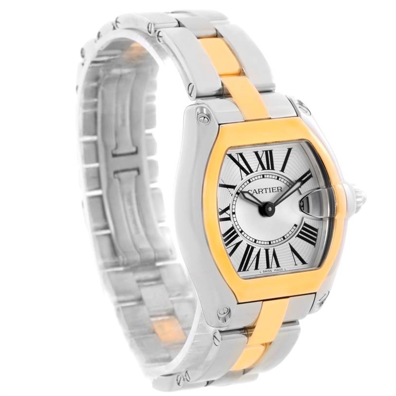 This image shows a Cartier Roadster W62026Y4 Women's Steel and Gold (two tone) Silver Dial W62026Y4 Women's Steel and Gold (two tone) Silver Dial watch at an angled view, displaying the face and part of the bracelet.