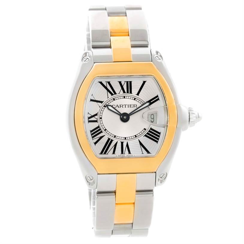 The image shows the front view of a Cartier Roadster W62026Y4 Women's Steel and Gold (two tone) Silver Dial W62026Y4 Women's Steel and Gold (two tone) Silver Dial watch, featuring its dial, bracelet, and crown.