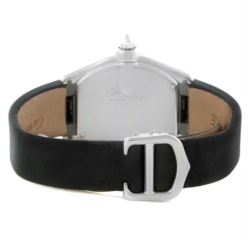 The image shows the back view of the Cartier Roadster W62026Y4 Women's Steel and Gold (two tone) Silver Dial W62026Y4 Women's Steel and Gold (two tone) Silver Dial model watch, highlighting the leather strap and clasp.