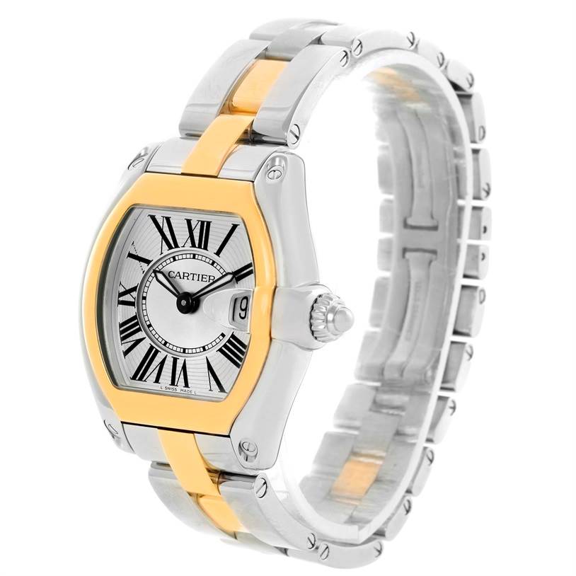 The image shows a Cartier Roadster W62026Y4 Women's Steel and Gold (two tone) Silver Dial W62026Y4 Women's Steel and Gold (two tone) Silver Dial watch at a slight angle, highlighting the face, crown, bezel, and bracelet.