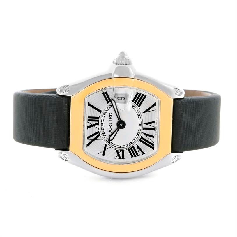 The image shows a front view of the Cartier Roadster W62026Y4 Women's Steel and Gold (two tone) Silver Dial W62026Y4 Women's Steel and Gold (two tone) Silver Dial watch, highlighting its face, bezel, and strap.