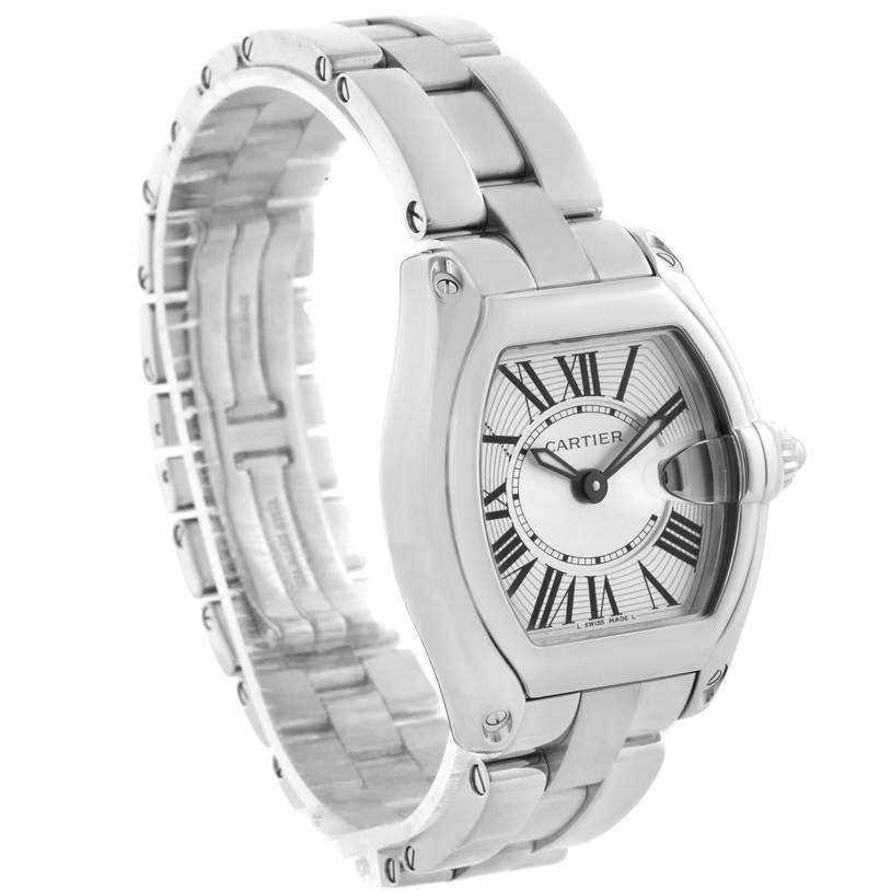 The image shows a Cartier Roadster W62016V3 Women's Stainless Steel Silver Dial W62016V3 Women's Stainless Steel Silver Dial watch viewed from a three-quarter angle, highlighting the face, bezel, crown, and bracelet.
