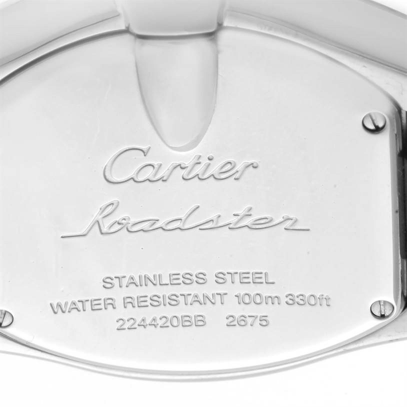 The image shows the case back of a Cartier Roadster W62016V3 Women's Stainless Steel Silver Dial W62016V3 Women's Stainless Steel Silver Dial watch, engraved with the model name, brand, and specifications.