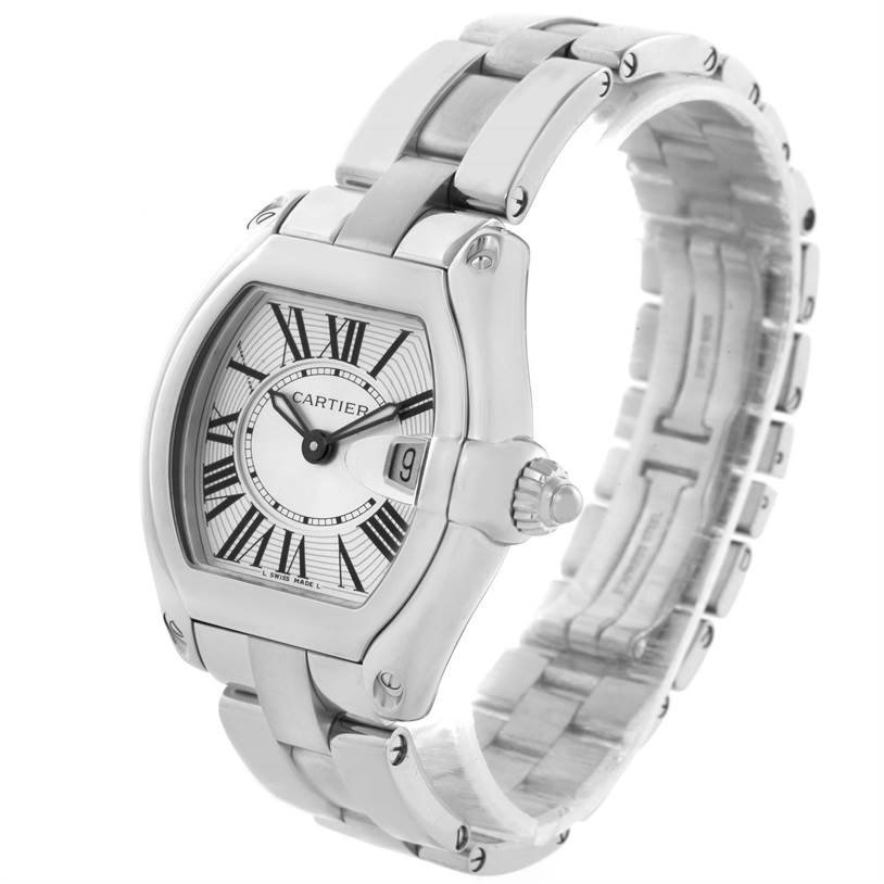 The Cartier Roadster W62016V3 Women's Stainless Steel Silver Dial W62016V3 Women's Stainless Steel Silver Dial watch is shown from an angled front view, highlighting its face, case, crown, and bracelet.