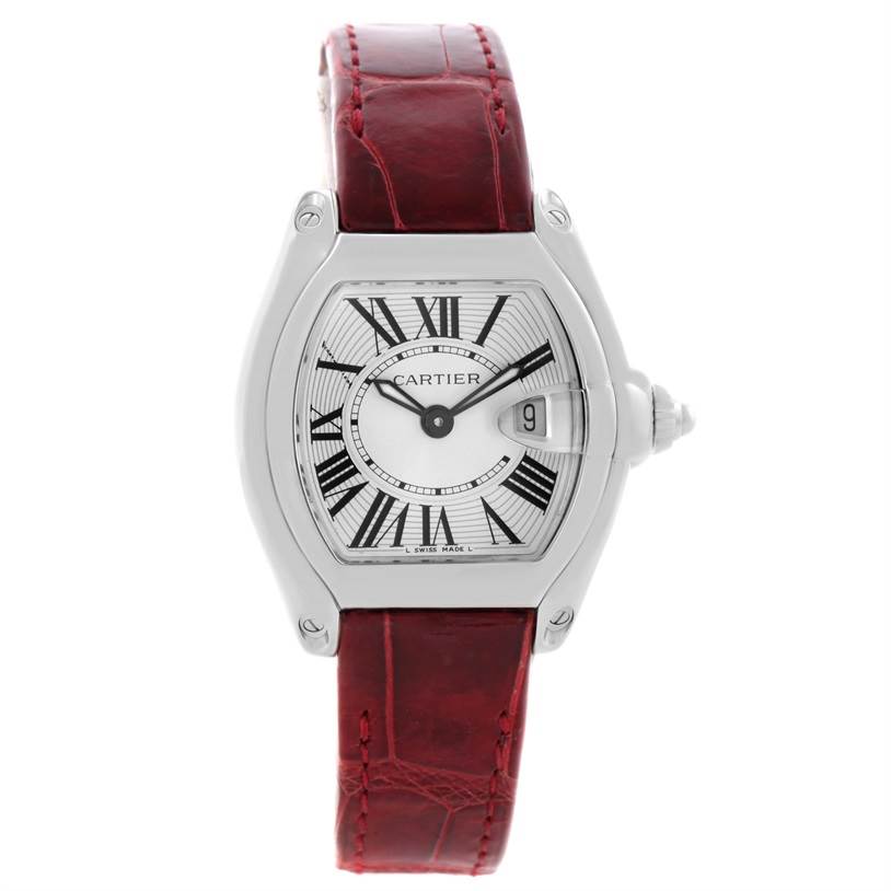 The Cartier Roadster W62016V3 Women's Stainless Steel Silver Dial W62016V3 Women's Stainless Steel Silver Dial watch is shown from a front angle, displaying the dial, case, and red leather strap.