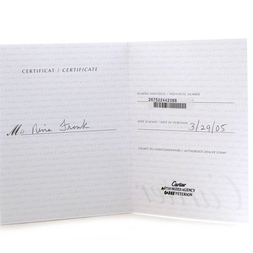 This image shows a Cartier Roadster W62016V3 Women's Stainless Steel Silver Dial W62016V3 Women's Stainless Steel Silver Dial model certificate of authenticity with purchase details and an authorized dealer stamp.