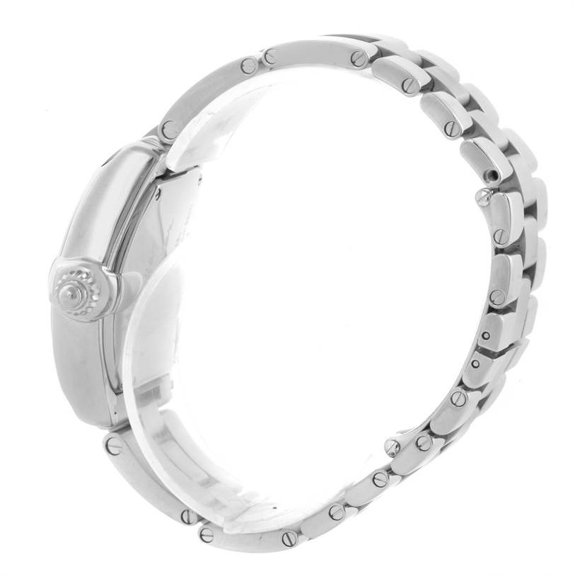 The image shows a side angle of a Cartier Roadster W62016V3 Women's Stainless Steel Silver Dial W62016V3 Women's Stainless Steel Silver Dial watch, highlighting its bracelet and crown.