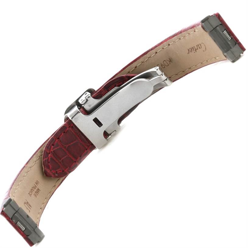 This image shows a Cartier Roadster W62016V3 Women's Stainless Steel Silver Dial W62016V3 Women's Stainless Steel Silver Dial watch strap with a red alligator leather band and a stainless steel deployment clasp.