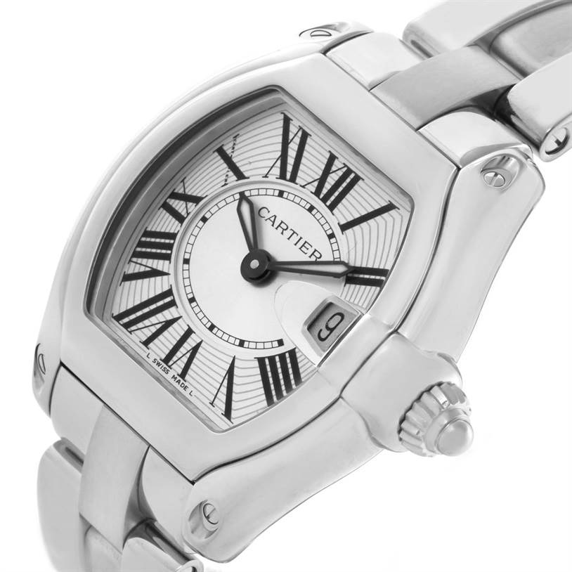 This image shows a front-angle close-up of a Cartier Roadster W62016V3 Women's Stainless Steel Silver Dial W62016V3 Women's Stainless Steel Silver Dial watch, highlighting its face, crown, and part of the bracelet.
