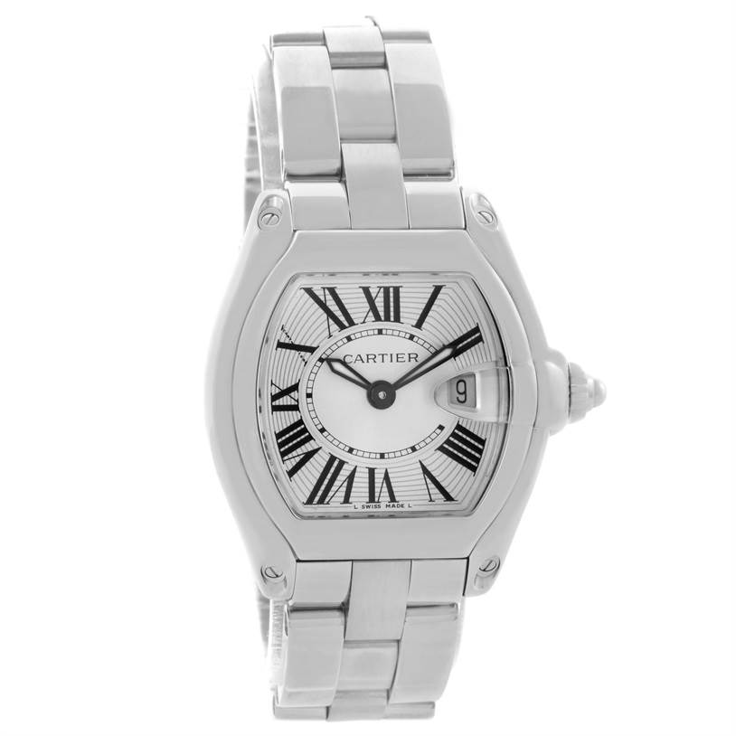 The image shows a full front view of the Cartier Roadster W62016V3 Women's Stainless Steel Silver Dial W62016V3 Women's Stainless Steel Silver Dial watch, including its bracelet and face.