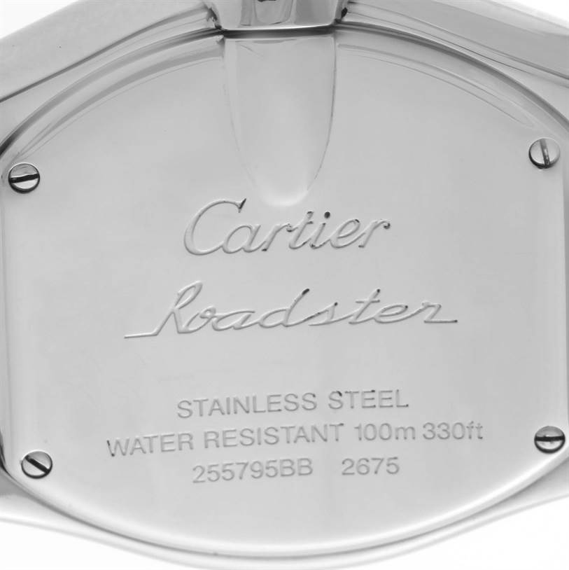 This image shows the back case of a Cartier Roadster W62016V3 Women's Stainless Steel Silver Dial W62016V3 Women's Stainless Steel Silver Dial watch, highlighting the model name, water resistance, and stainless steel material.