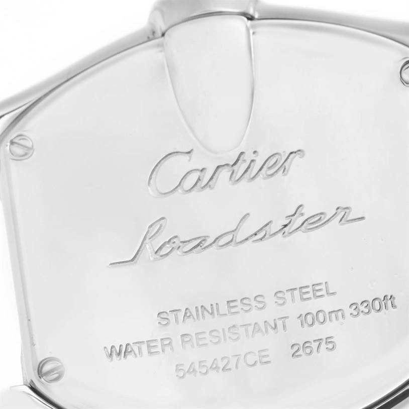 The image shows the back case of a Cartier Roadster W62016V3 Women's Stainless Steel Silver Dial W62016V3 Women's Stainless Steel Silver Dial watch, featuring engraved details.