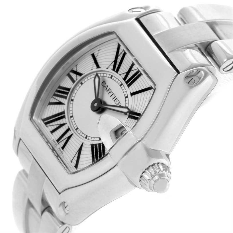 This image shows a close-up side angle of the Cartier Roadster W62016V3 Women's Stainless Steel Silver Dial W62016V3 Women's Stainless Steel Silver Dial watch, highlighting the crown, bezel, and part of the bracelet.