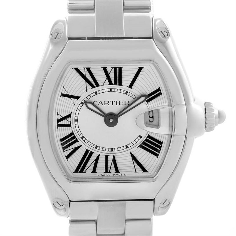 The image shows a front view of a Cartier Roadster watch, highlighting its face, dial, case, and part of the bracelet.