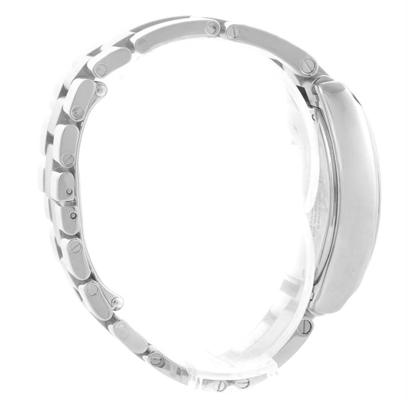 This image shows the Cartier Roadster W62016V3 Women's Stainless Steel Silver Dial W62016V3 Women's Stainless Steel Silver Dial watch from a side profile, highlighting its bracelet and case.