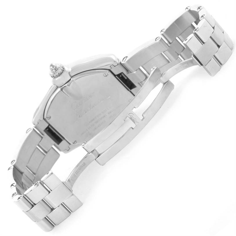 This image shows the back case and bracelet clasp of the Cartier Roadster W62016V3 Women's Stainless Steel Silver Dial W62016V3 Women's Stainless Steel Silver Dial watch at an angle.