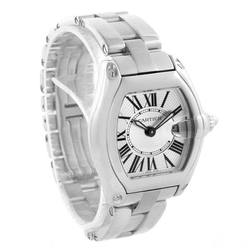 The Cartier Roadster W62016V3 Women's Stainless Steel Silver Dial W62016V3 Women's Stainless Steel Silver Dial watch is shown at a three-quarter angle, showcasing its face, bezel, and part of the bracelet.