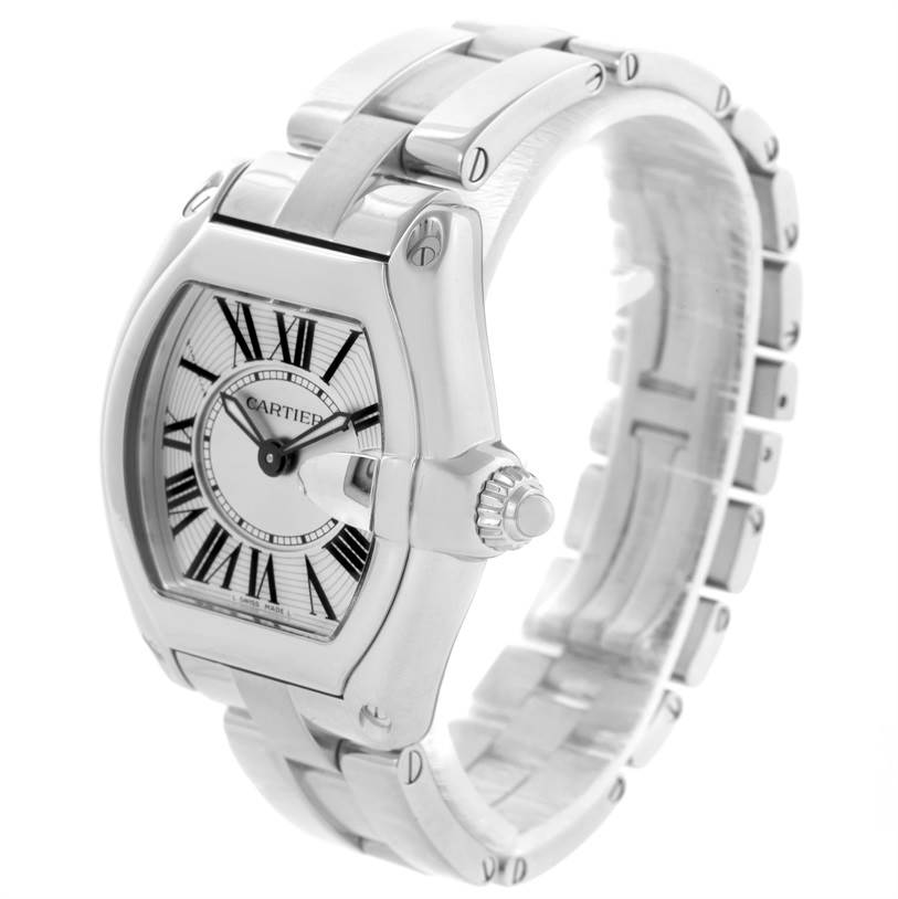The image shows a Cartier Roadster W62016V3 Women's Stainless Steel Silver Dial W62016V3 Women's Stainless Steel Silver Dial watch at a three-quarter angle, highlighting the face, bezel, crown, and part of the bracelet.