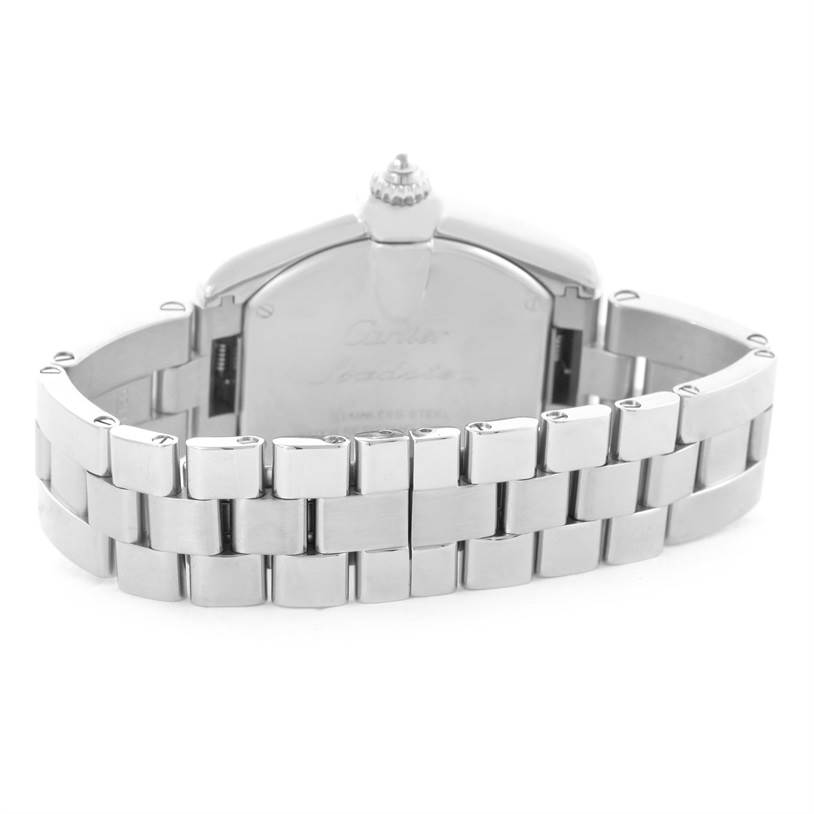 The image shows the rear view of a Cartier Roadster W62016V3 Women's Stainless Steel Silver Dial W62016V3 Women's Stainless Steel Silver Dial watch, highlighting its bracelet and case back.