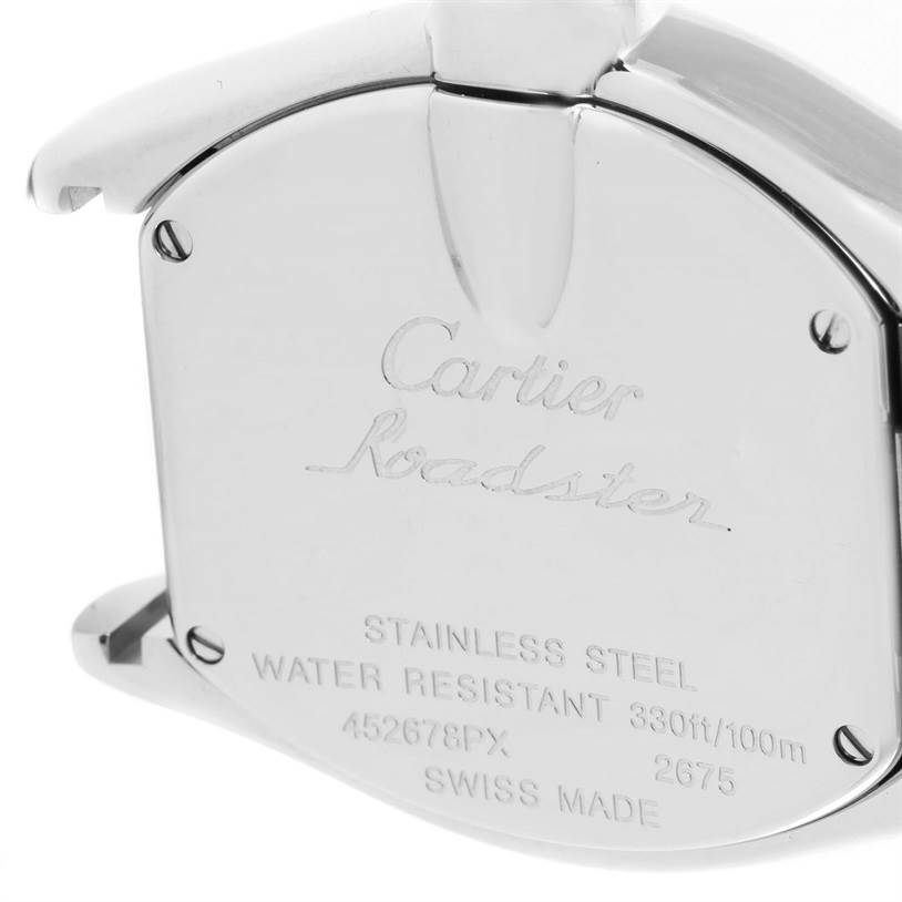 The image shows the back case of a Cartier Roadster W62026Y4 Women's Steel and Gold (two tone) Silver Dial W62026Y4 Women's Steel and Gold (two tone) Silver Dial watch, displaying brand engravings and specifications.