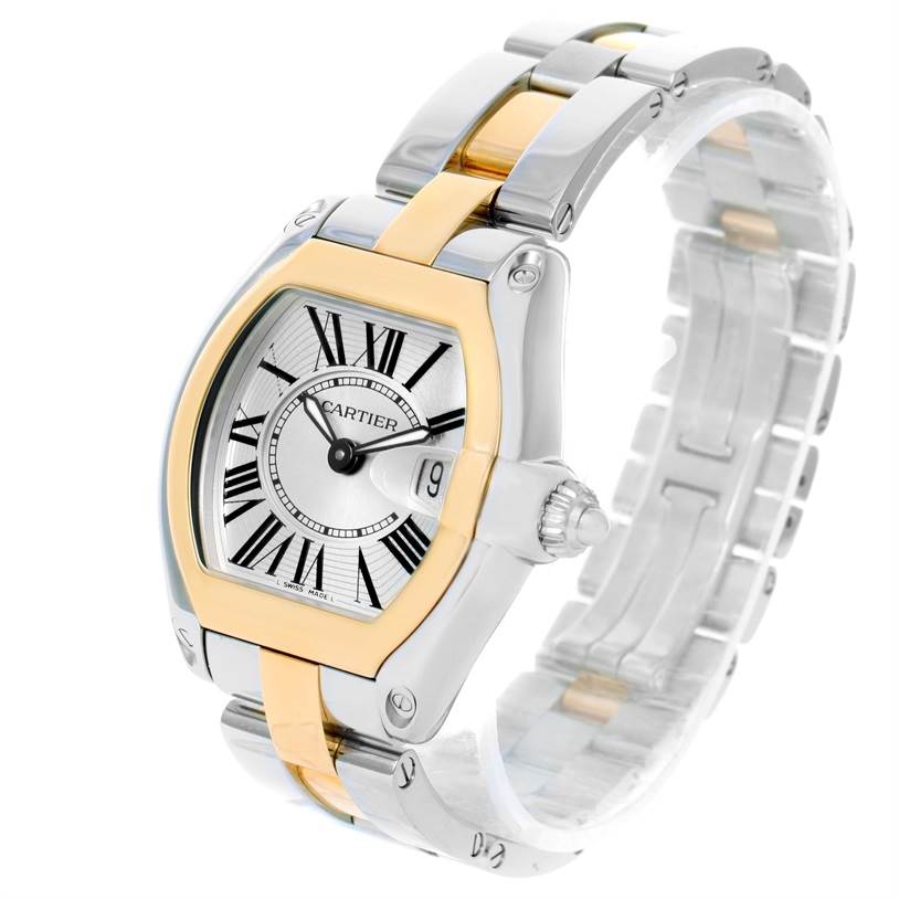 This image shows a front and angled view of the Cartier Roadster W62026Y4 Women's Steel and Gold (two tone) Silver Dial W62026Y4 Women's Steel and Gold (two tone) Silver Dial watch, highlighting the face, bezel, and bracelet.